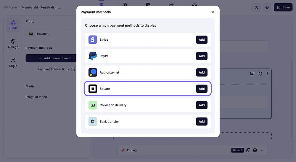 The “Square” option under the Payment methods menu