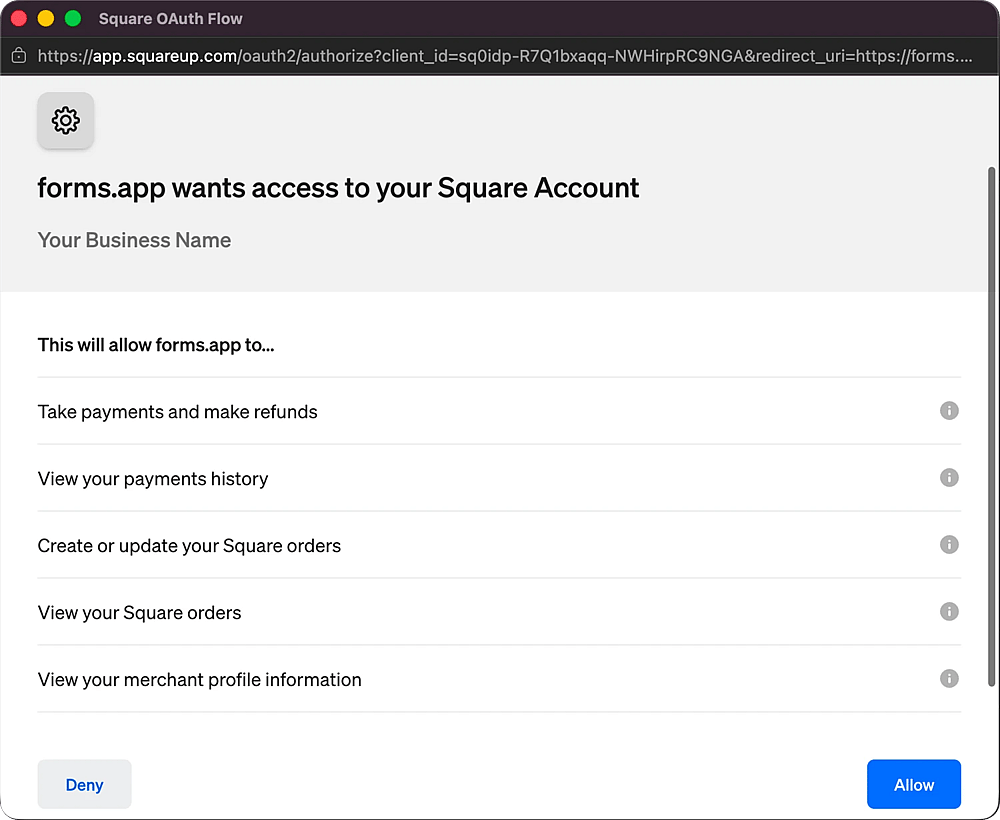 Square's authorization screen