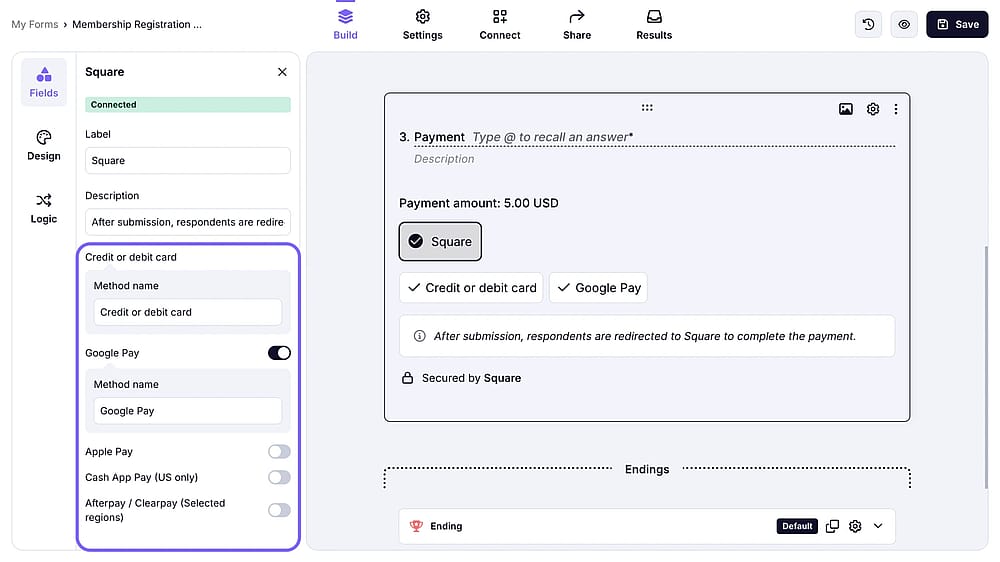 Square payment settings