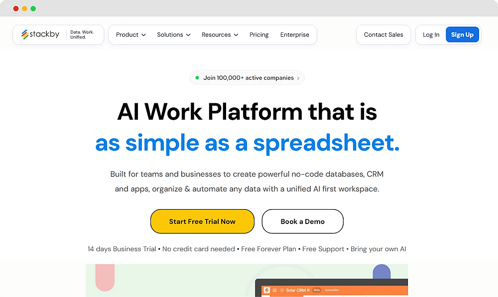 The homepage of Stackby