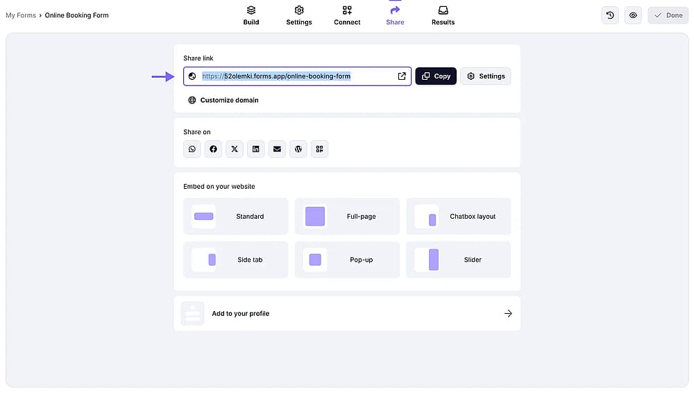 An image showing the “Share” section of the form.app platform where you will be able to find and copy your form URL