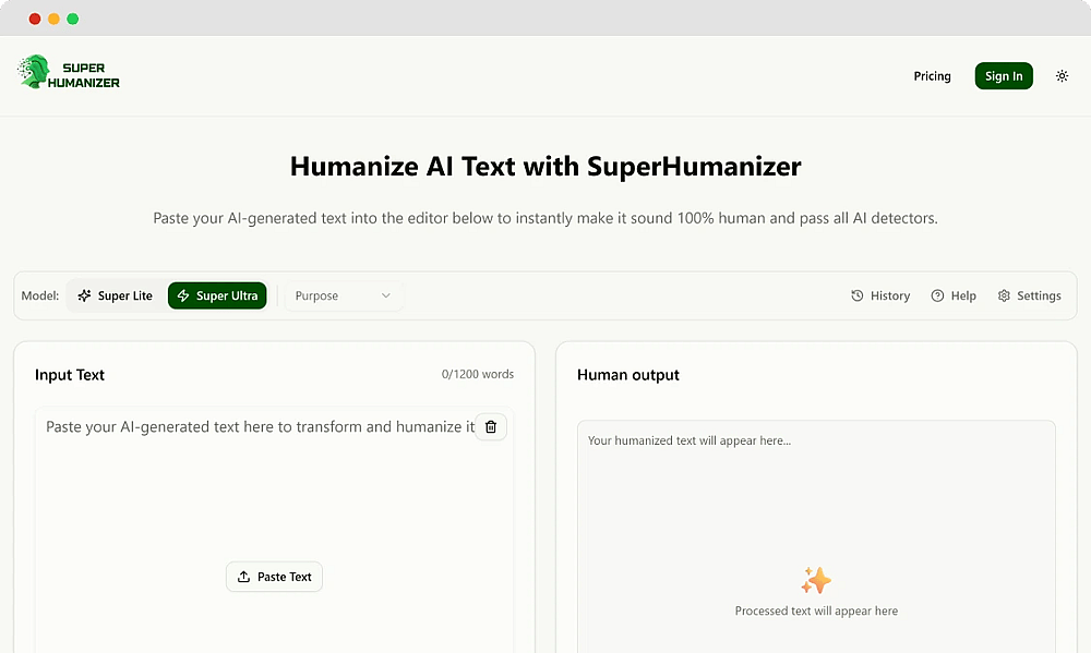 The homepage of Super Humanizer