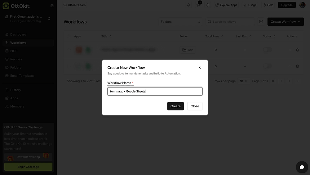 An image showing the appearing pop-up that allows you to enter your workflow name