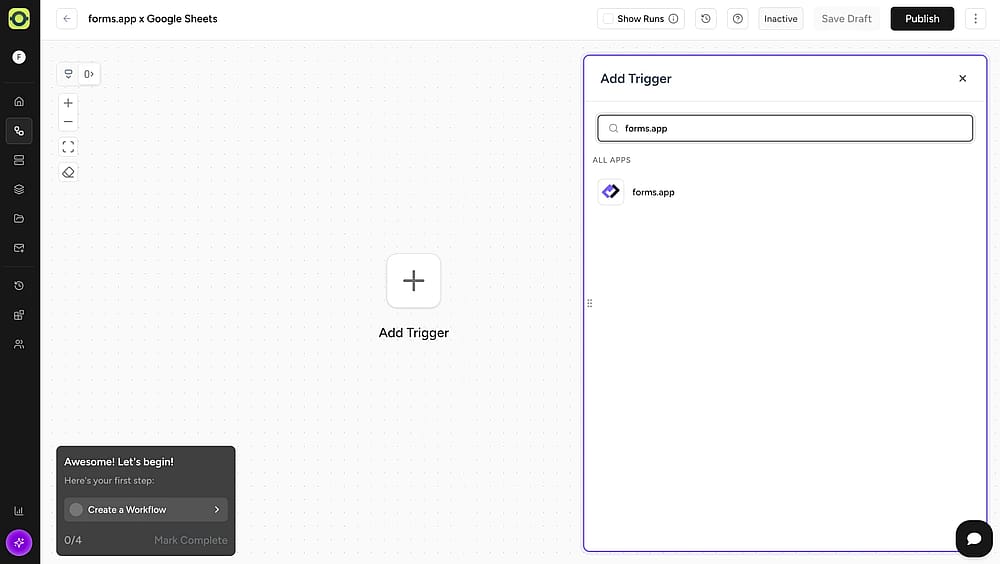 An image showing a drop-down menu from which you can find and select forms.app by adding a trigger