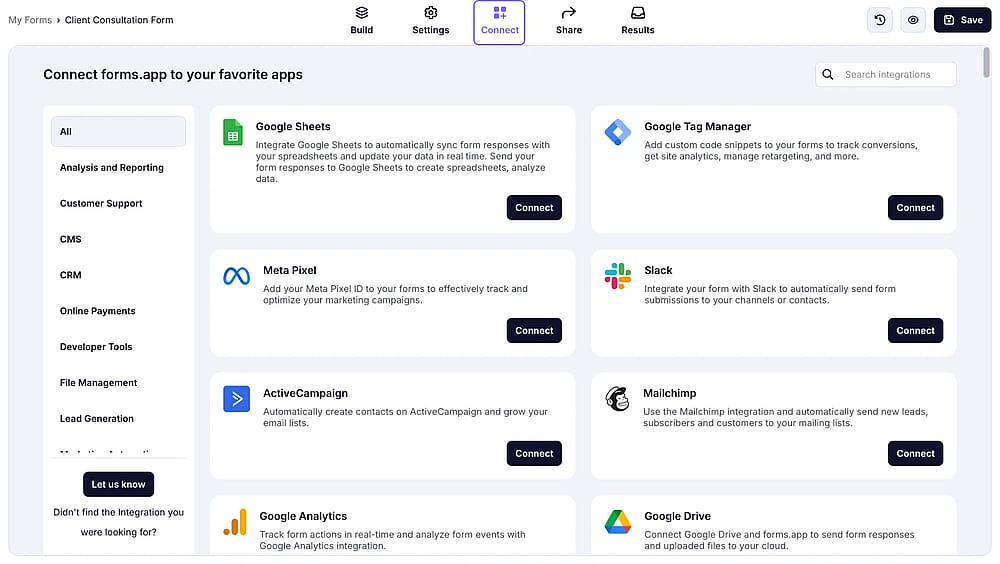An image showing the forms.app interface and the “Connect” button