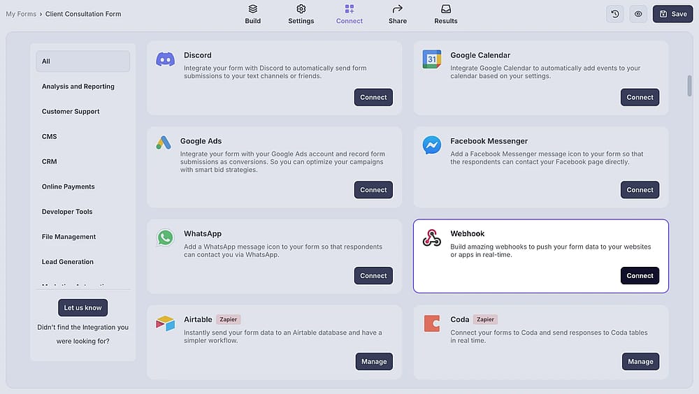 An image showing the “Webhook” option from the list of integrations