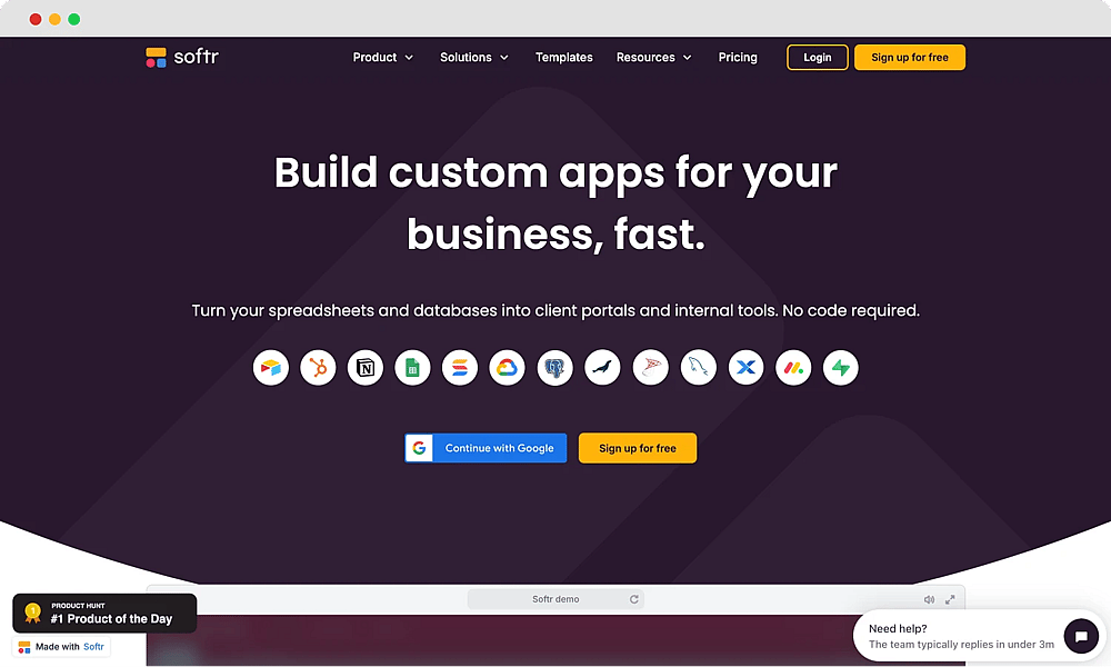 The homepage of Softr