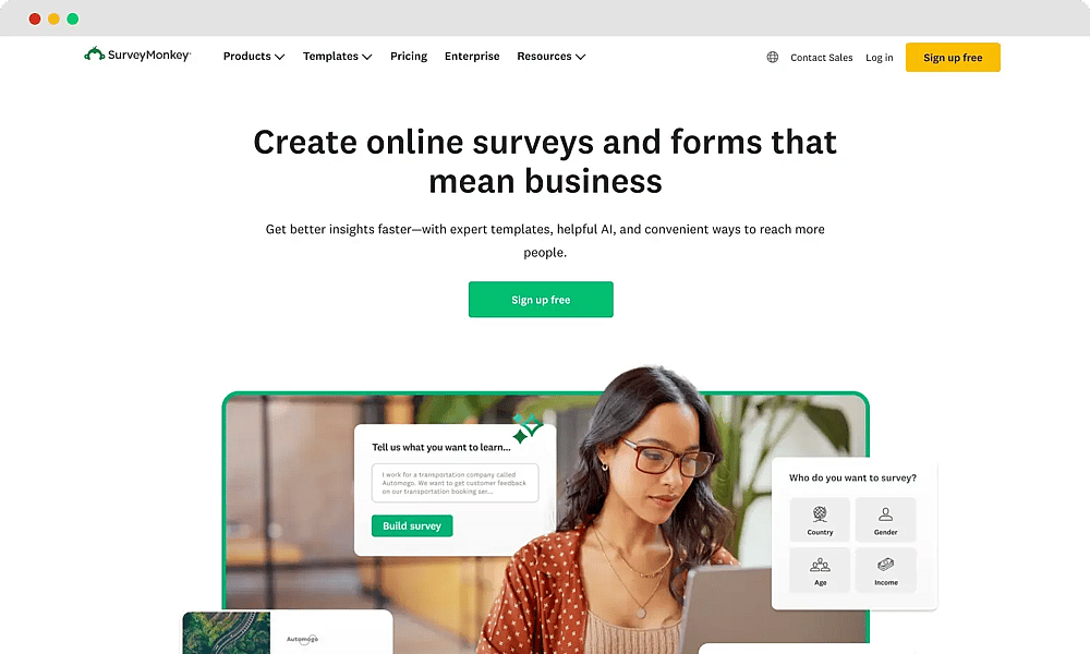La page d'accueil de SurveyMonkey