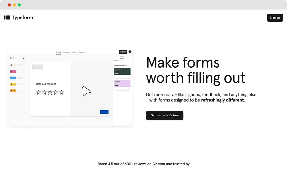 La page d'accueil de Typeform