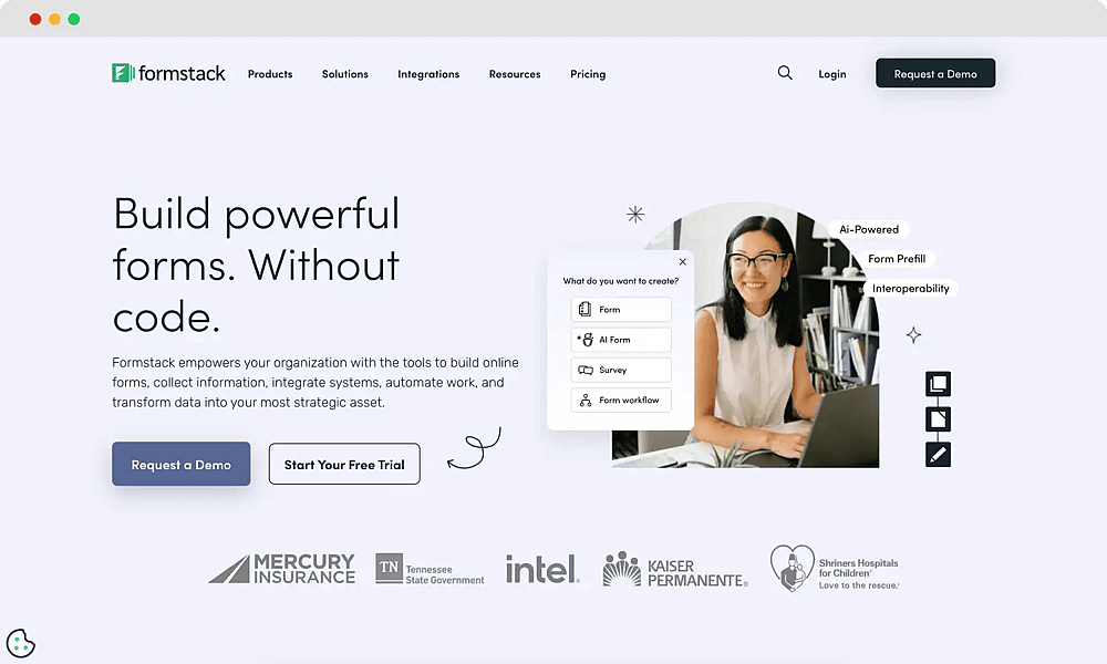 La page d'accueil de Formstack