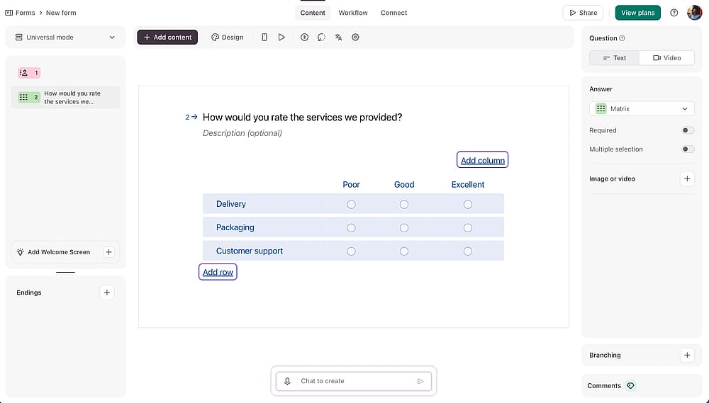 Add your rows and columns to build your matrix question