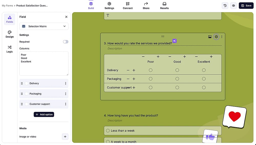 Add the ‘Selection matrix’ field and adjust its settings as needed