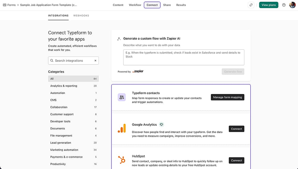 Der Bereich „Verbinden“ des Typeform-Tools