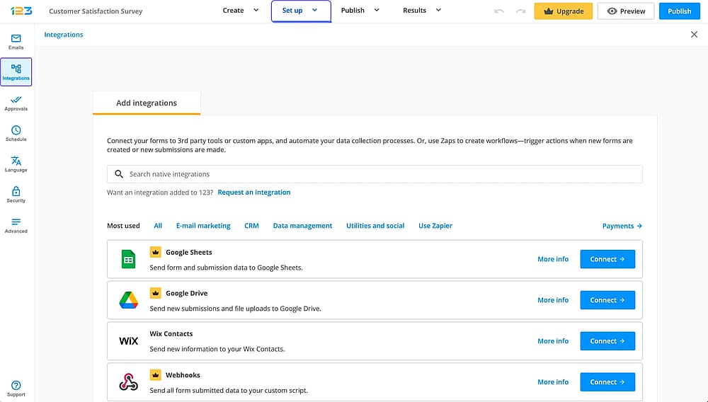 Der Bereich „Integrationen“ des 123FormBuilder-Tools