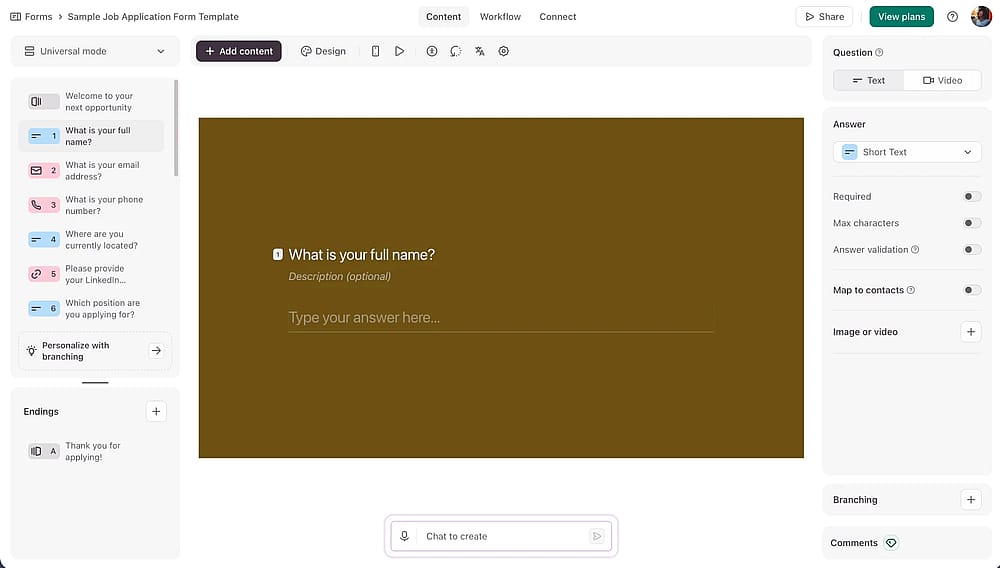 Formular-Builder-Bereich des Typeform-Tools