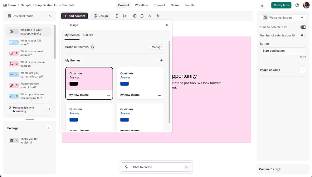 Formular-Designer-Bereich des Typeform-Tools