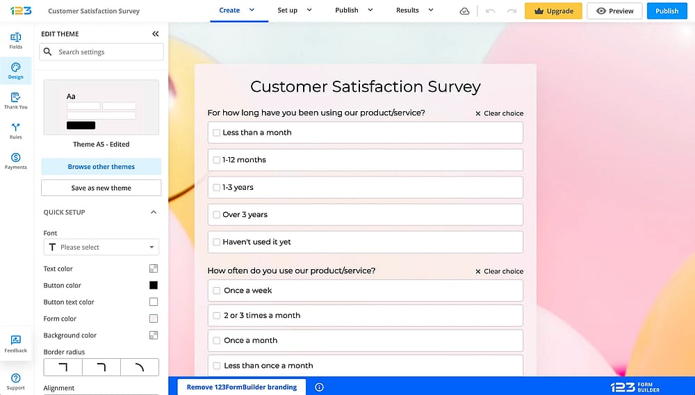 Der Bereich „Design“ des 123FormBuilder-Tools