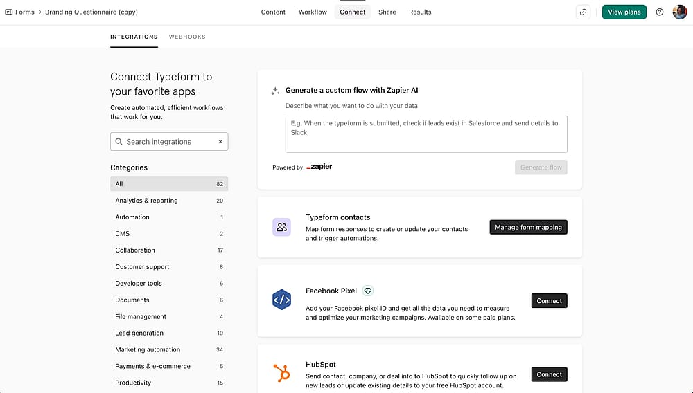 The&nbsp;‘Connect’ section of the Typeform