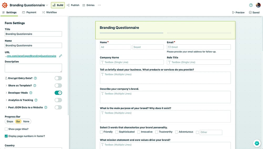 Form builder section of the Cognito Forms