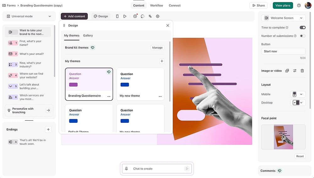 Form designer section of the Typeform tool