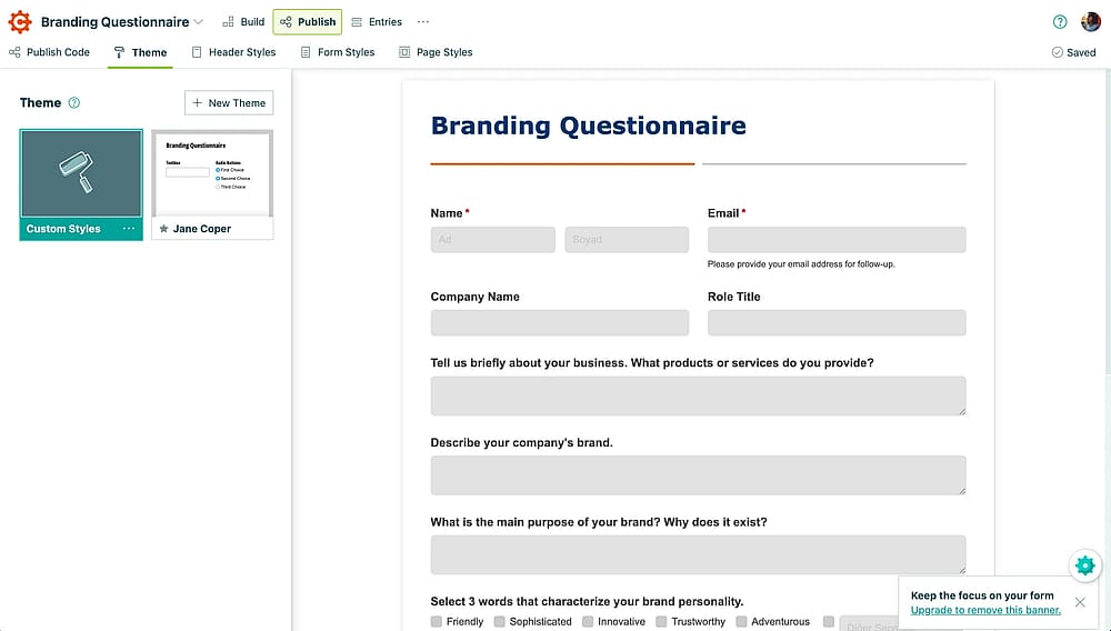 Form designer section of the Cognito Forms
