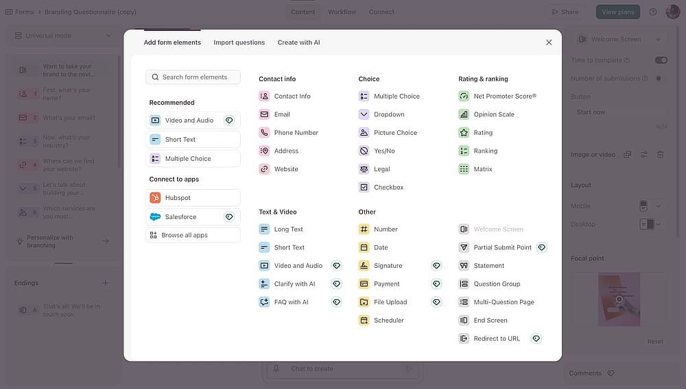 Options of the form fields you can add with Typeform