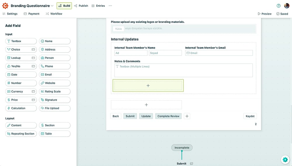 Options of the form fields you can add with Cogntio Forms