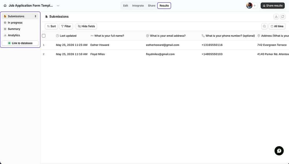 Der„Results“-Bereich des Fillout-Tools
