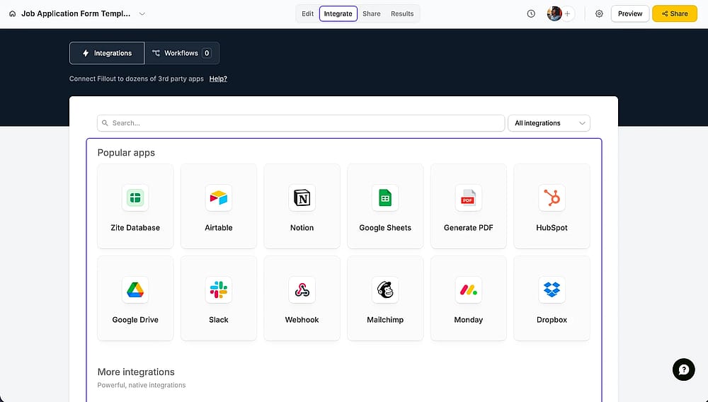 Der„Integrate“-Bereich des Fillout-Tools