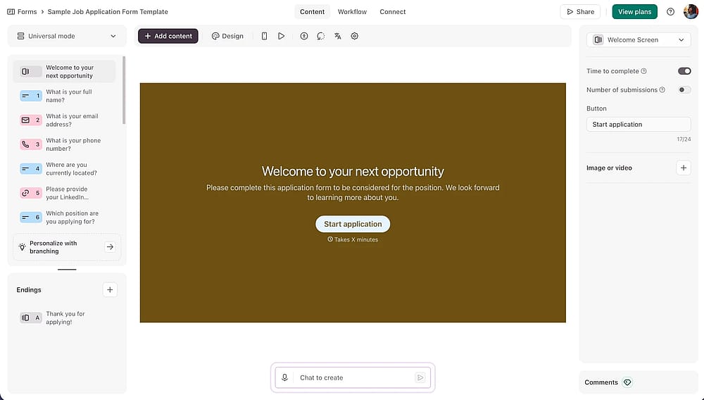 Bereich zur Formularerstellung des Typeform-Tools
