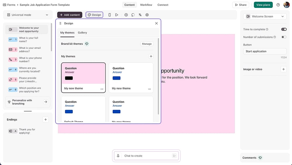 Sección del diseñador de formularios de la herramienta Typeform