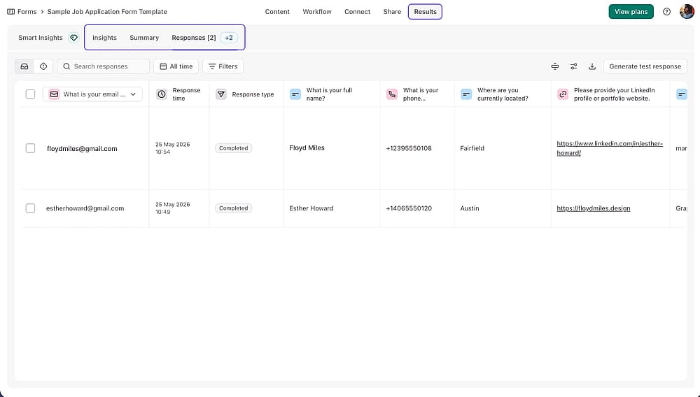Der Bereich „Ergebnisse“ (Results) im Typeform-Tool