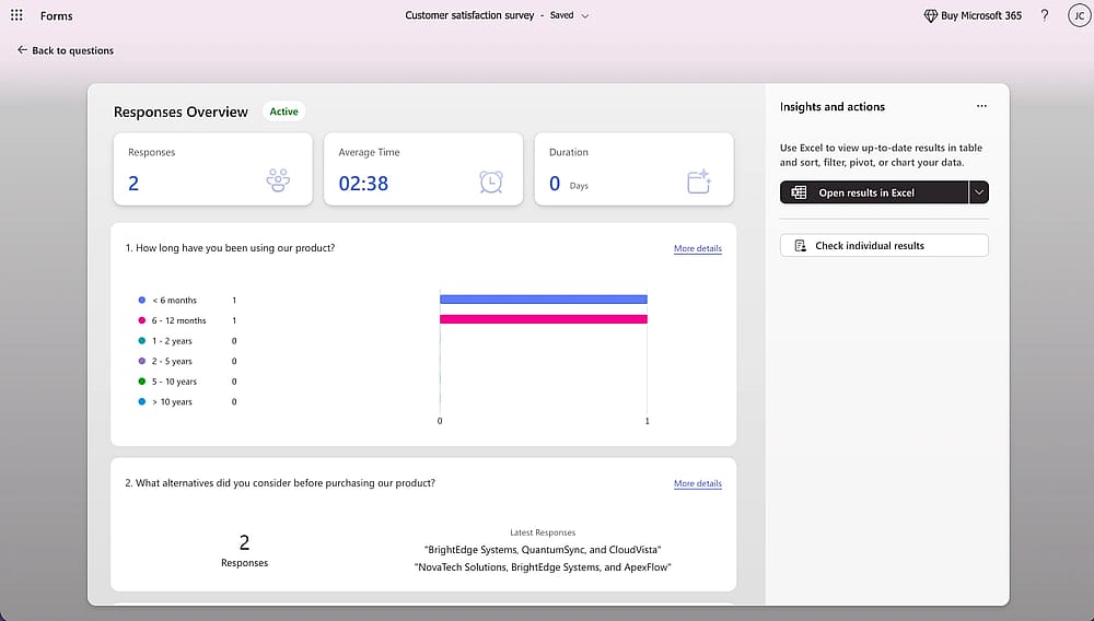 Der Bereich „Antworten anzeigen“ (View responses) im Microsoft Forms-Tool