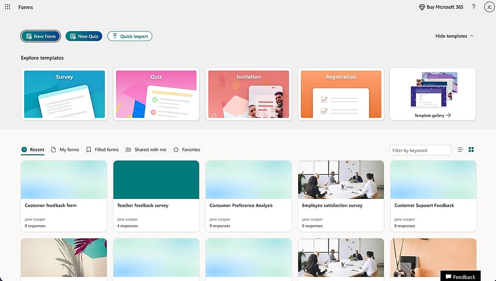 Arbeitsbereich von Microsoft Forms