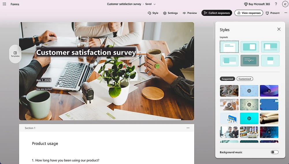 „Stil“-Bereich des Microsoft Forms-Tools