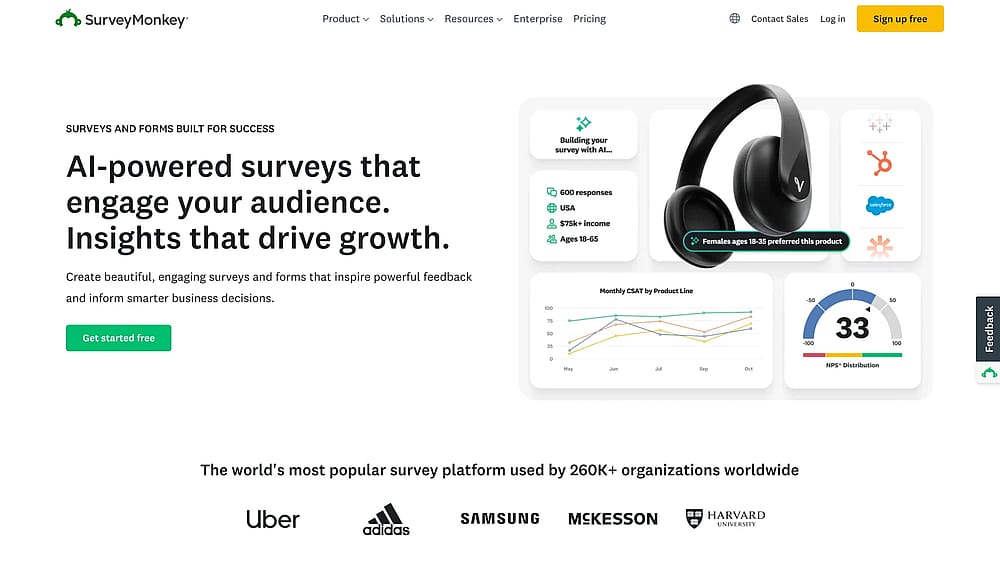 Homepage of SurveyMonkey