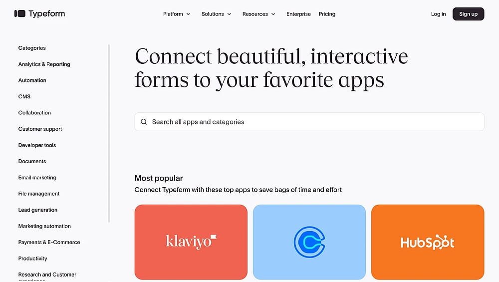 Integrations page of Typeform