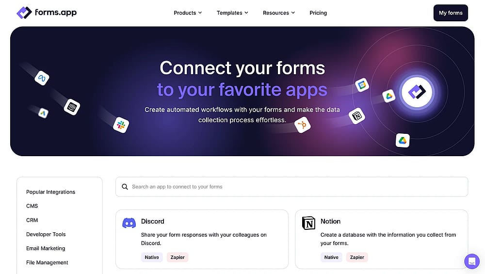 Integrations page of forms.app