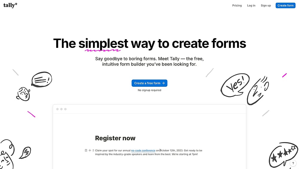 Homepage of Tally Forms