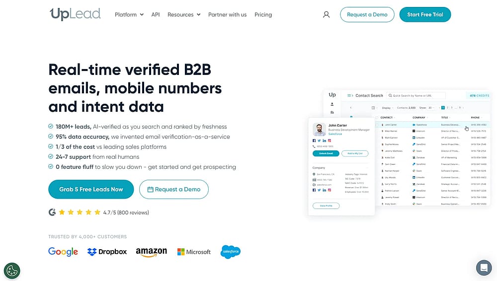 Homepage of UpLead