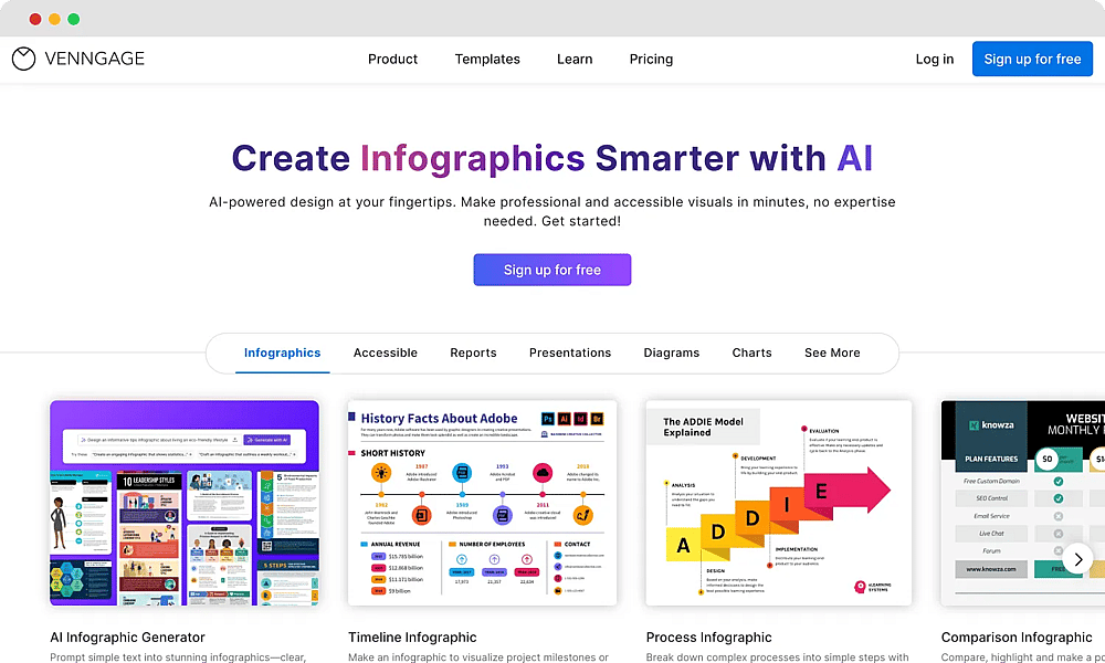 The homepage of Venngage
