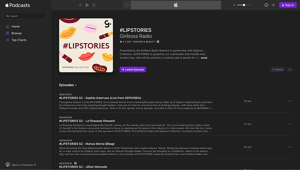 Ejemplo LIPSTORIES por Girlboss radio (Fuente: Apple Podcats)