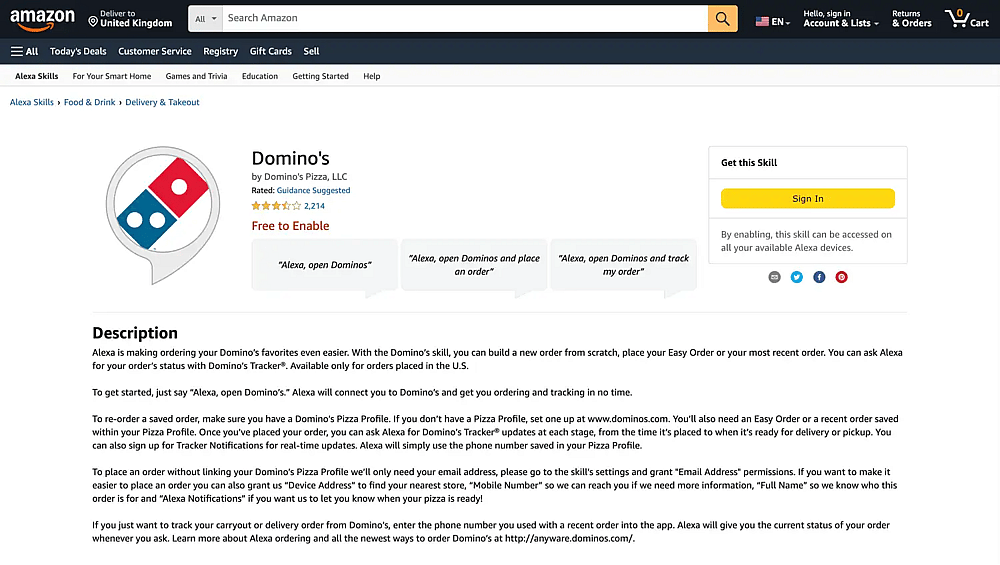 Ejemplo de Domino's (Fuente: Amazon)