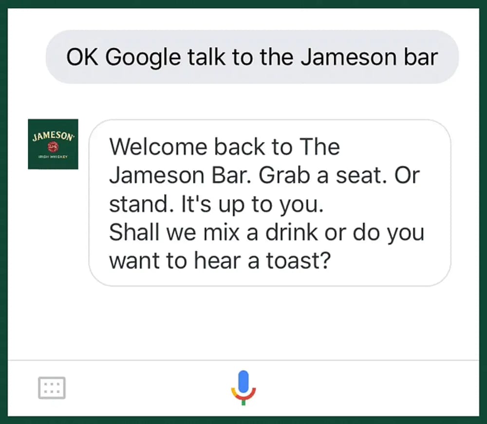 Ejemplo que muestra cómo funciona 'OK, habla con Jameson Bar' en Google Home (Fuente: Adweek)