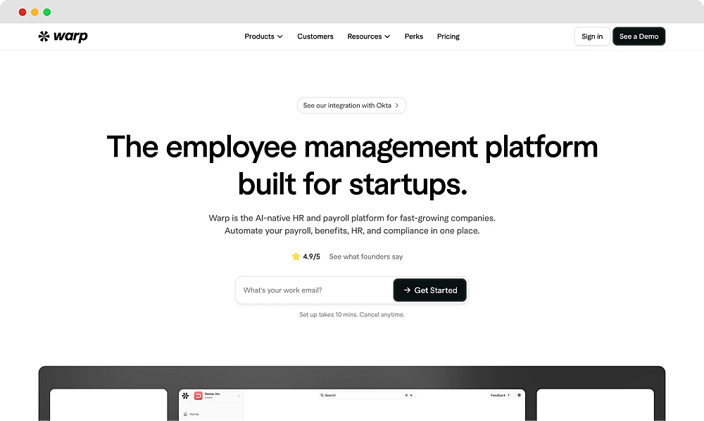 The homepage of Warp