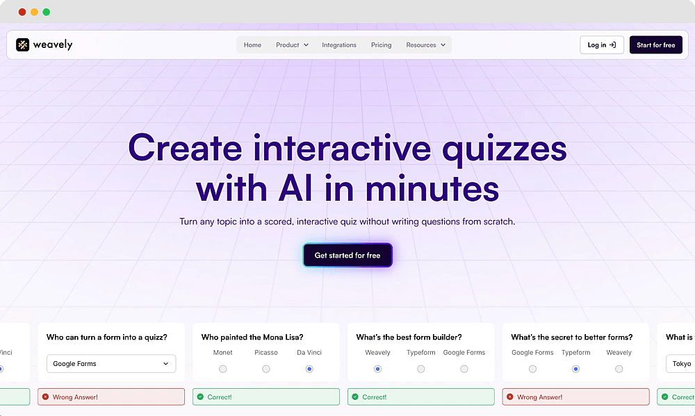 The homepage of Weavely