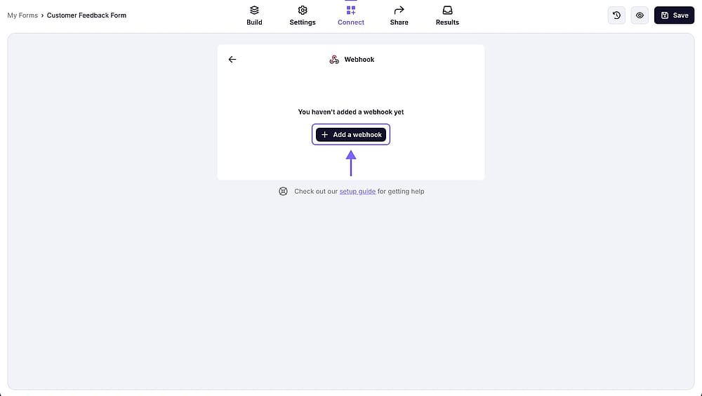 An image showing the pop-up appearing, where you will need to click the “Add a webhook button” to start the connection