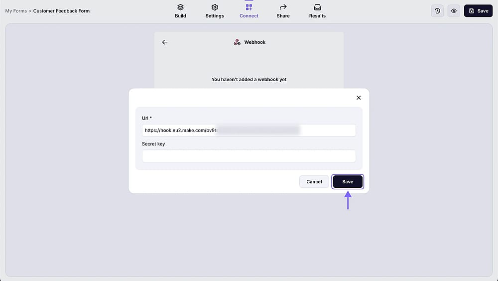 An image showing the area for you to enter the necessary details, like webhook URL and secret key
