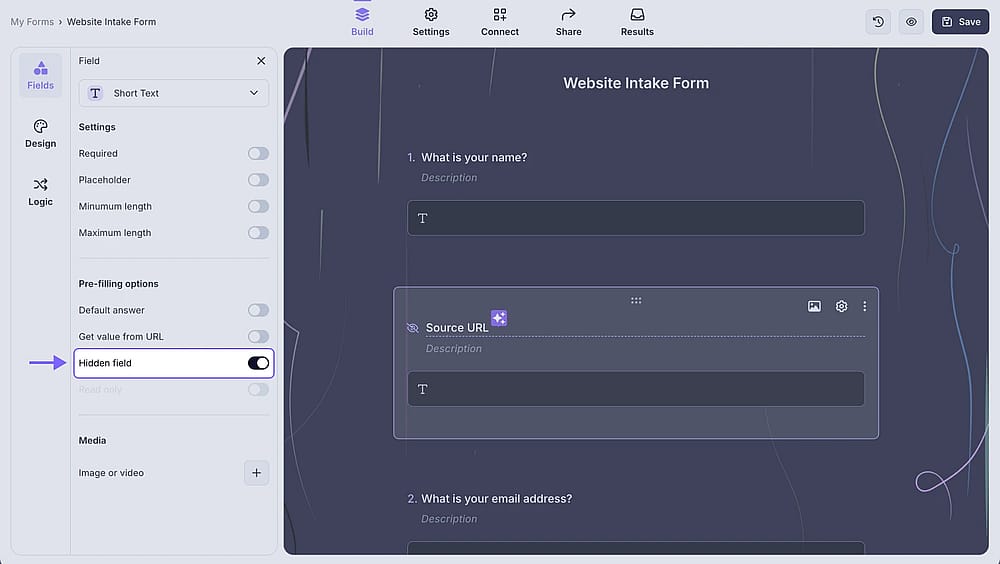 An image showing the “Hidden field” option, which you need to enable from the field settings