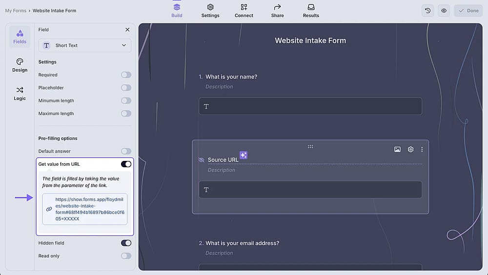 An image showing the “Get value from URL” option, which you need to enable from the field settings